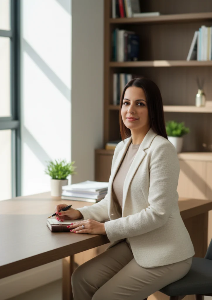Rosvinder Kaur working at her desk