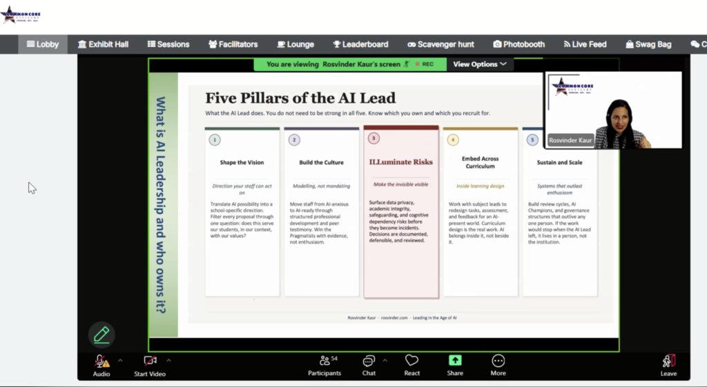 Rosvinder leading an AI-Ready Schools session on the Five Pillars of AI Leadership