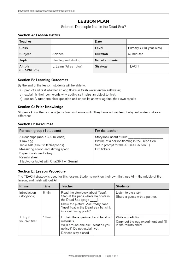 TEACH lesson plan, page 1