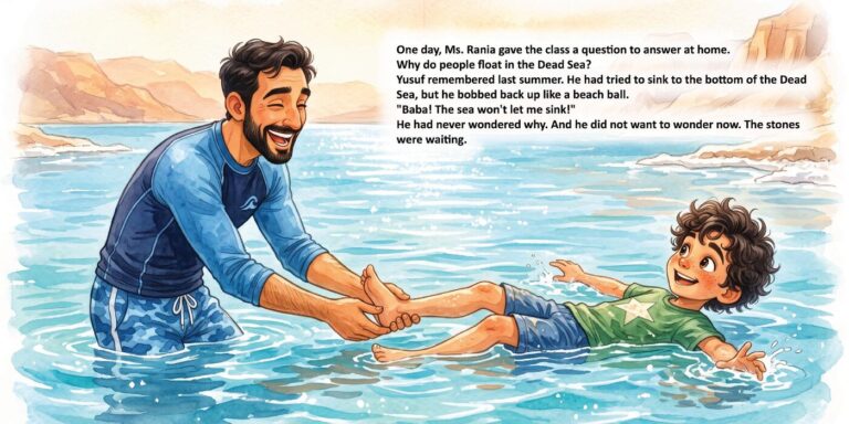 Yusuf learns to float with his father at the beach