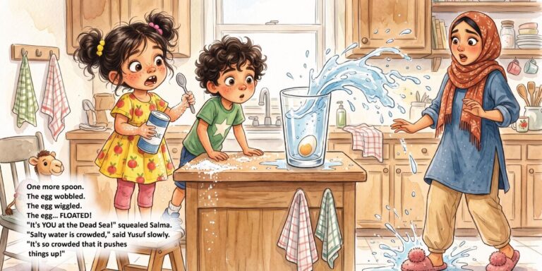 Yusuf and his sister in the kitchen with their mother